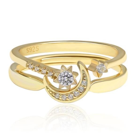 Jewelry - New Sterling Silver Moon and Star Ring Set Handmade Stackable Gold Plated
